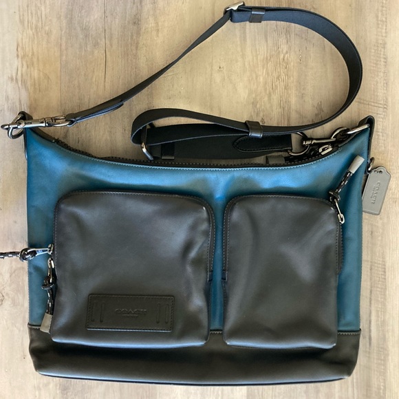 Coach Slim Men’s Portfolio Laptop Brief Work Business Bag Black Blue Leather - Picture 1 of 8